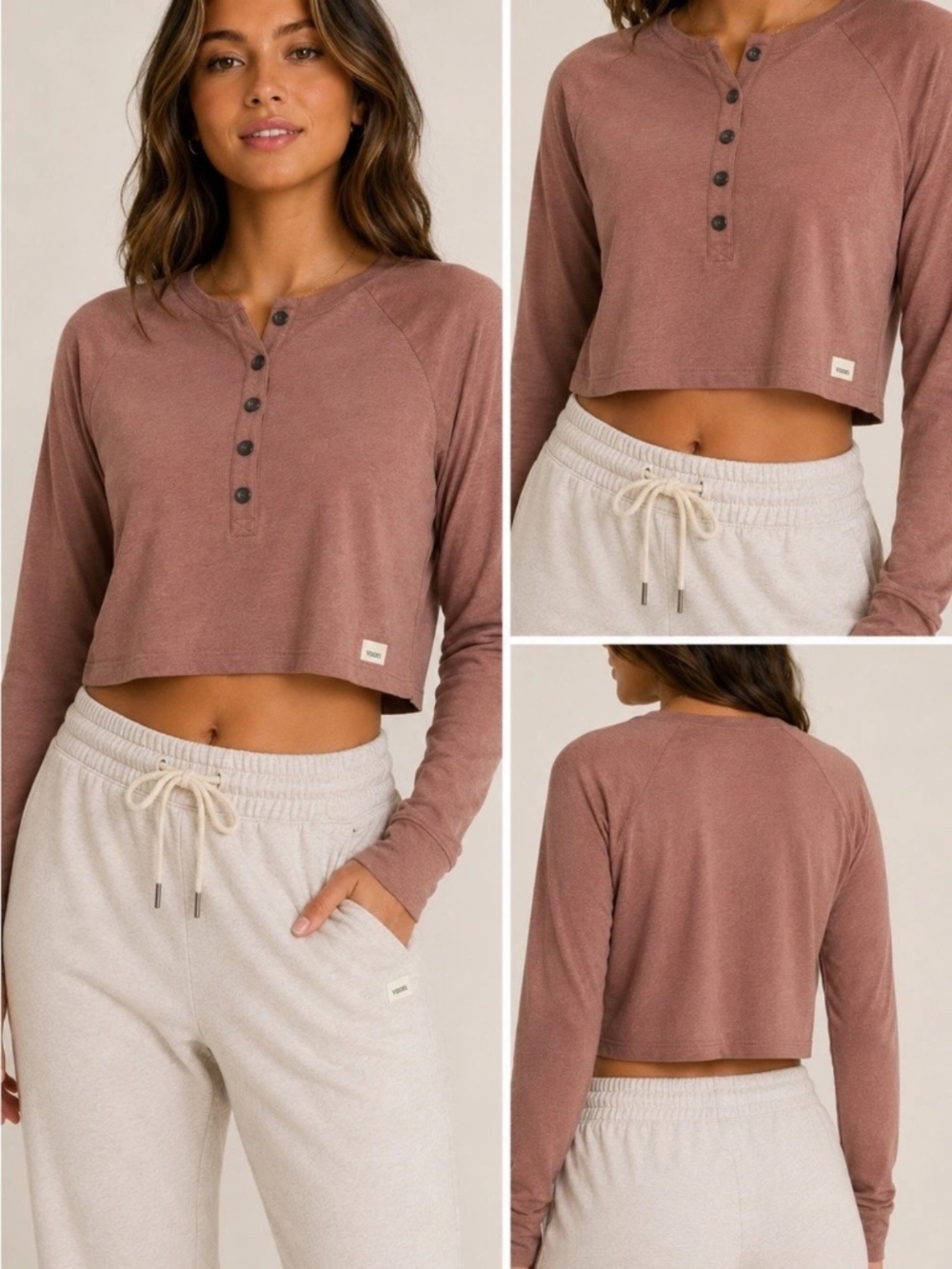Vuori Avalon Cropped Henley Terracotta Long Sleeve Top Size S